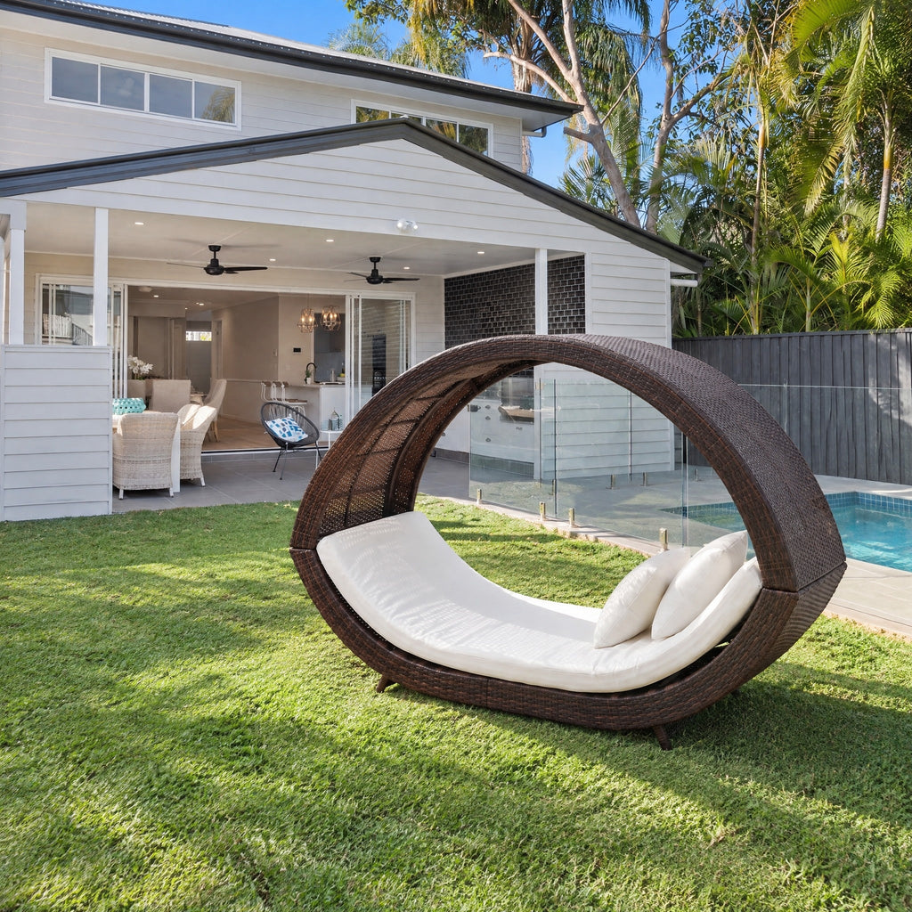 Round Rattan Daybed with Canopy - in an Australian backyard