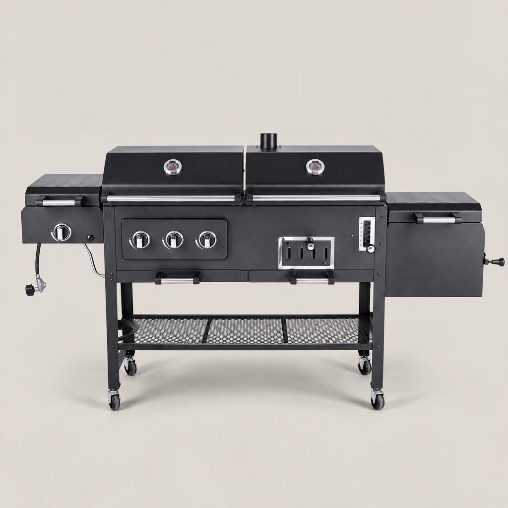 Gas and Charcoal Grill with Side Burner - front view