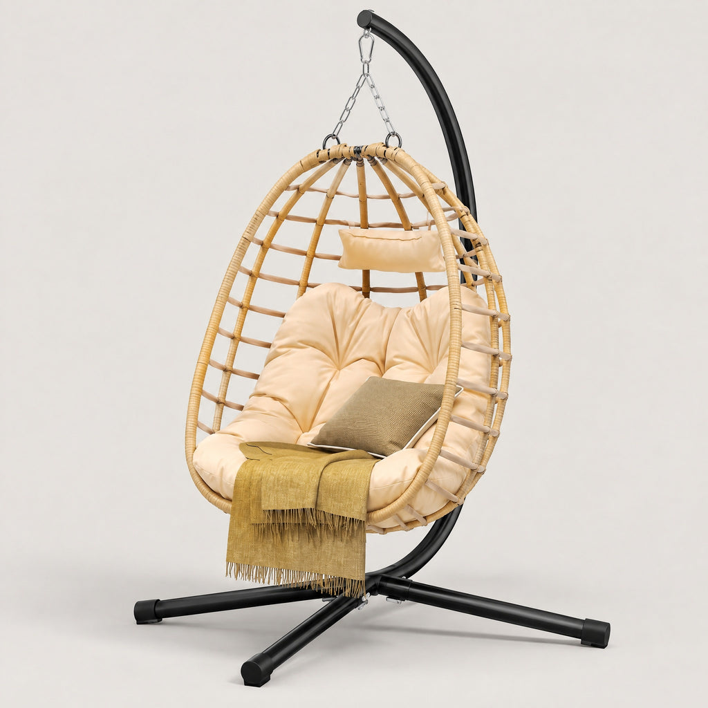 Hanging Egg Chair with Stand, Natural - side view