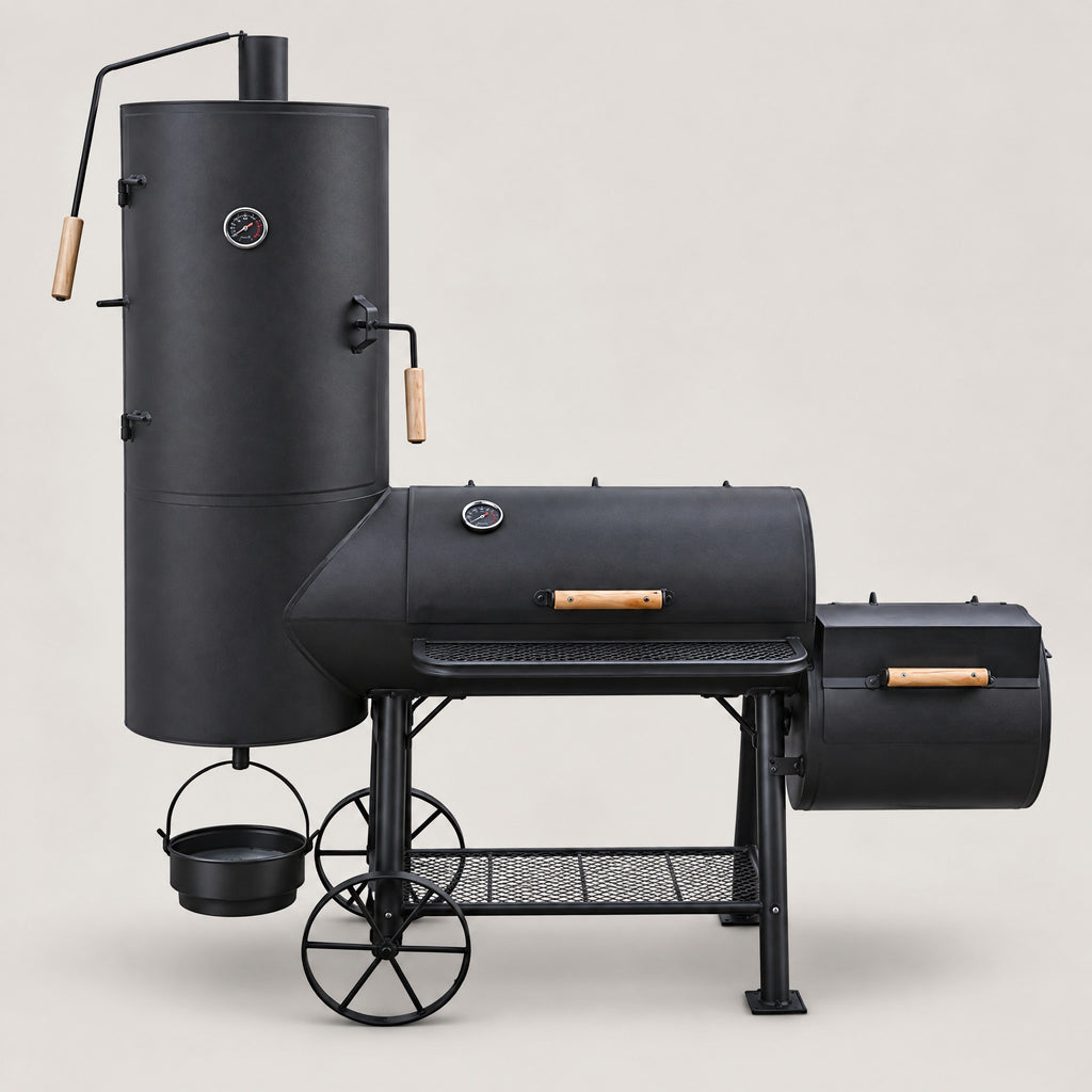 Large Offset Charcoal Smoker on Wheels - front view