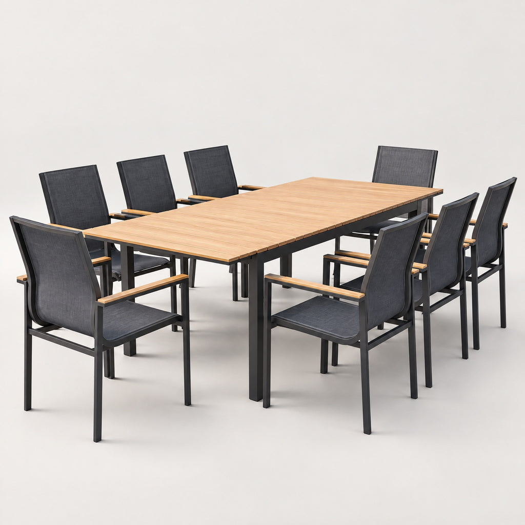 Aluminium Dining Set with Timber Armrests - side view