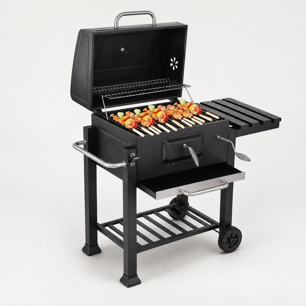 Large Charcoal Barrel BBQ on Cart - side view