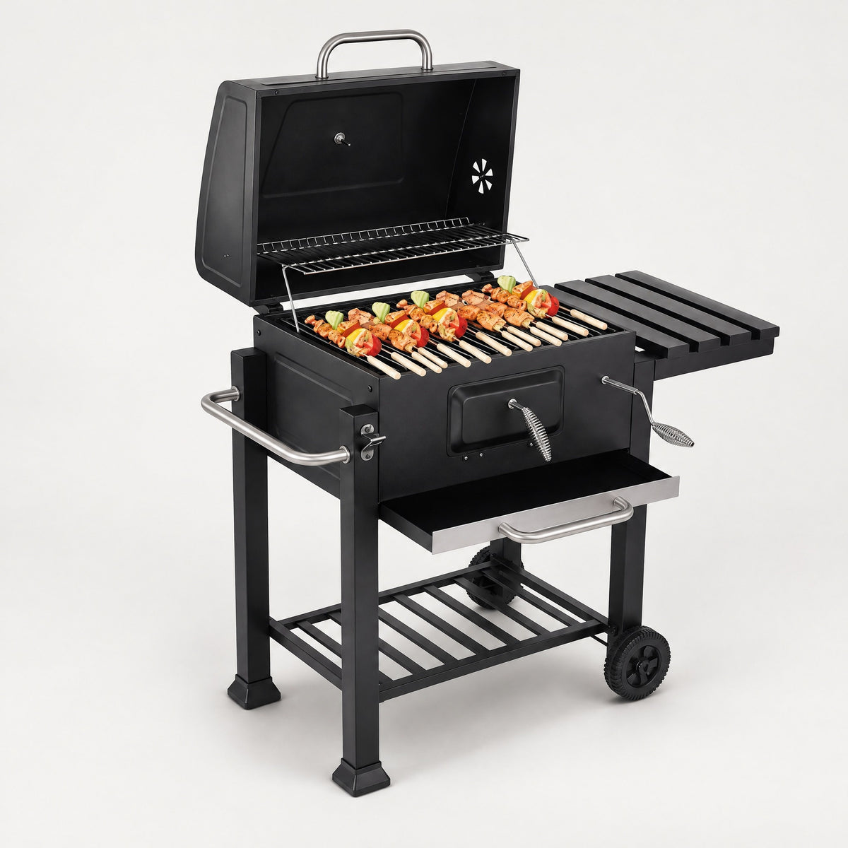Large Charcoal Barrel BBQ on Cart - side view