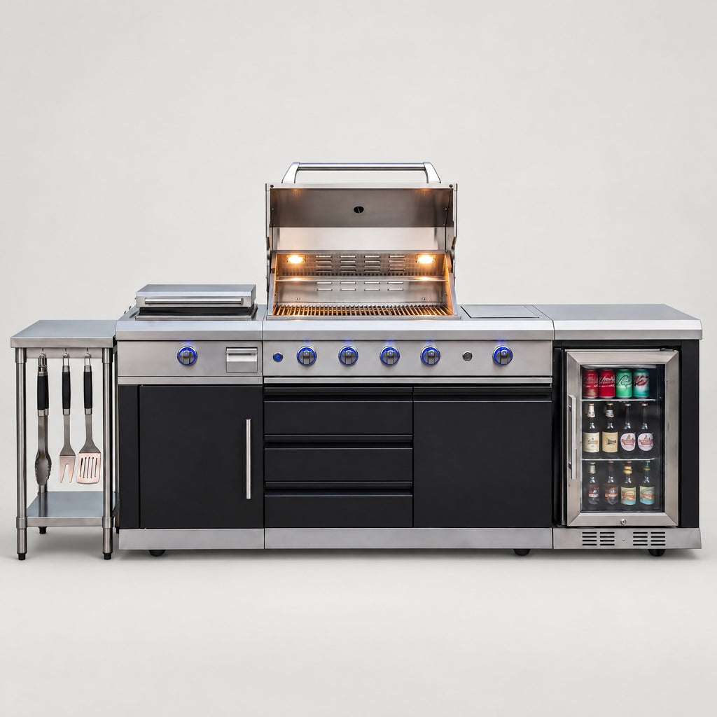 Modular Stainless Outdoor Kitchen with BBQ and Bar Fridge - front view