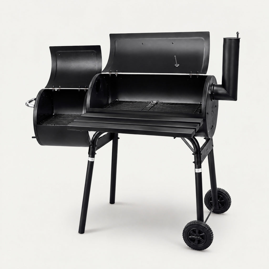 Offset Charcoal Smoker BBQ, Barrel Style - side view