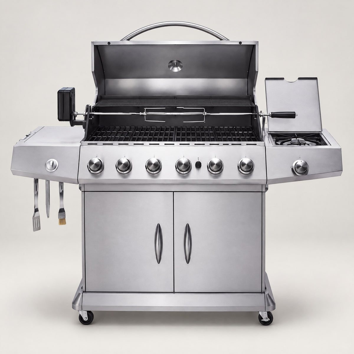 6-Burner Stainless Steel Hooded BBQ with Side Burner - front view