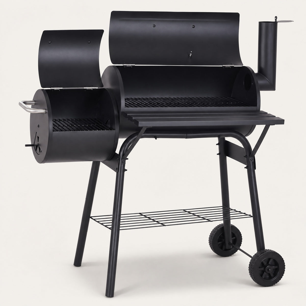 Charcoal Drum BBQ with Offset Firebox - side view