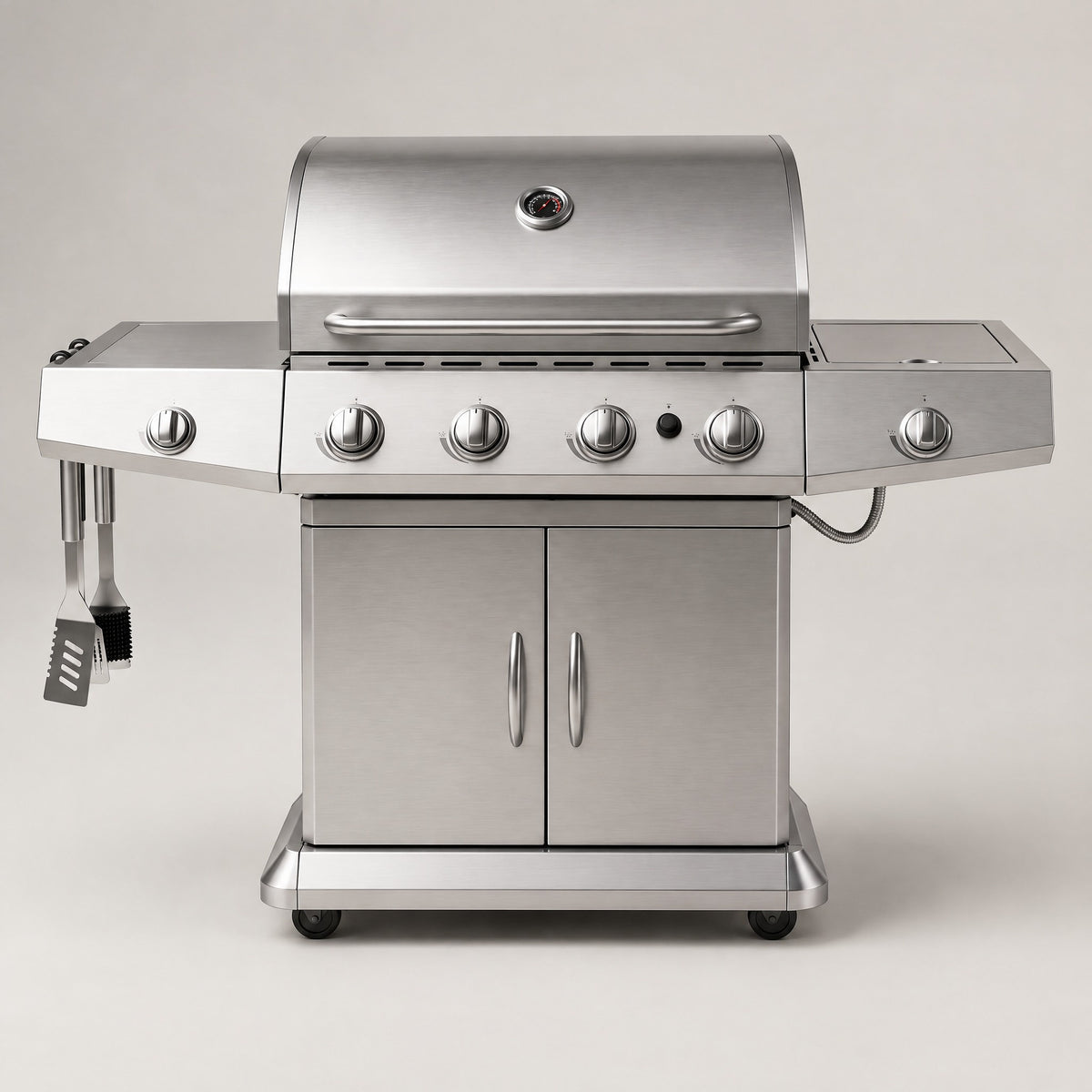 4-Burner Stainless Steel Hooded BBQ with Side Burner - front view