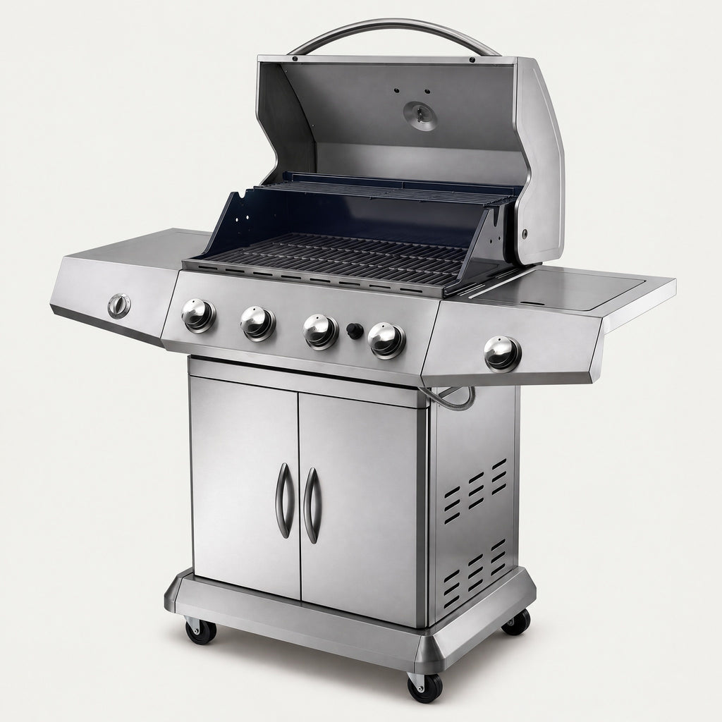 4-Burner Stainless Steel Gas BBQ, Hooded - side view