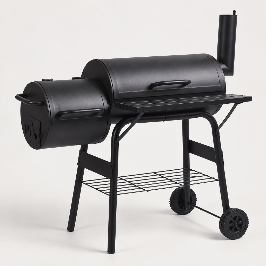 Charcoal BBQ Grill with Offset Smoker - side view