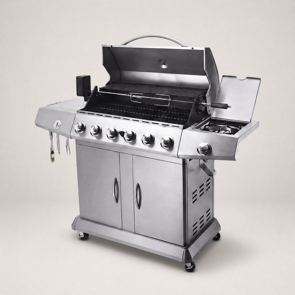 6-Burner Stainless Steel Hooded BBQ with Side Burner - side view