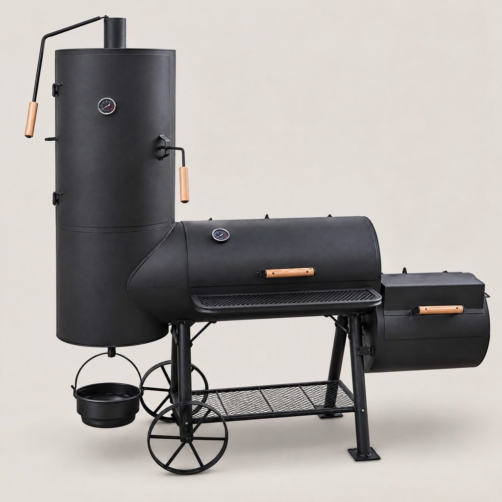 Large Offset Charcoal Smoker on Wheels - side view