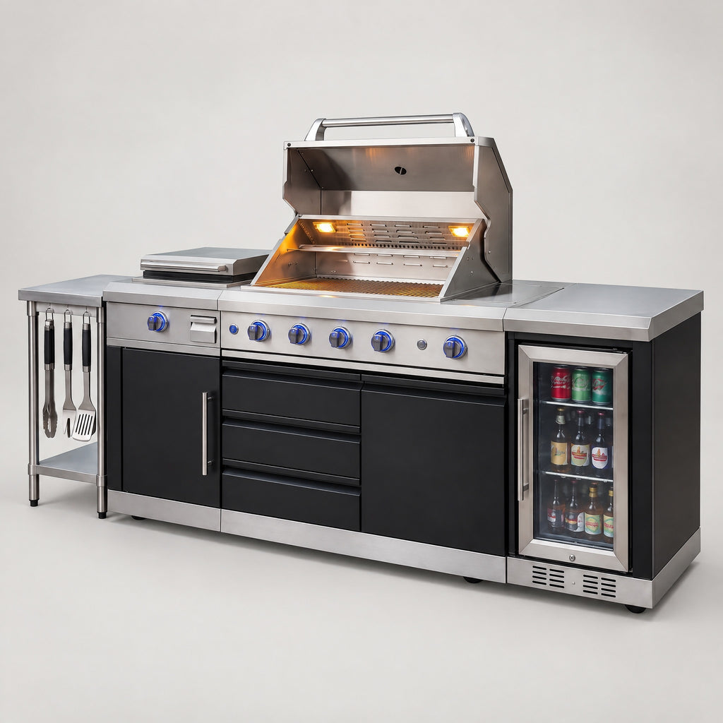 Modular Stainless Outdoor Kitchen with BBQ and Bar Fridge - side view