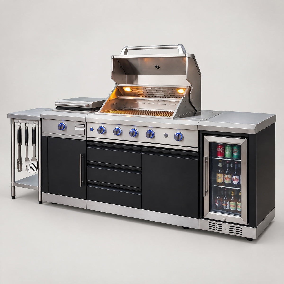 Modular Stainless Outdoor Kitchen with BBQ and Bar Fridge - side view