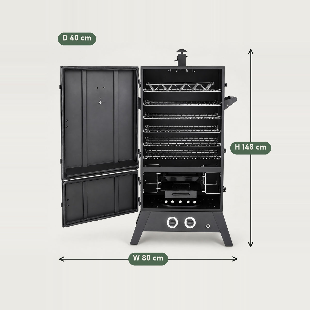Gas Smoker with Double Burner and Chimney - dimensions