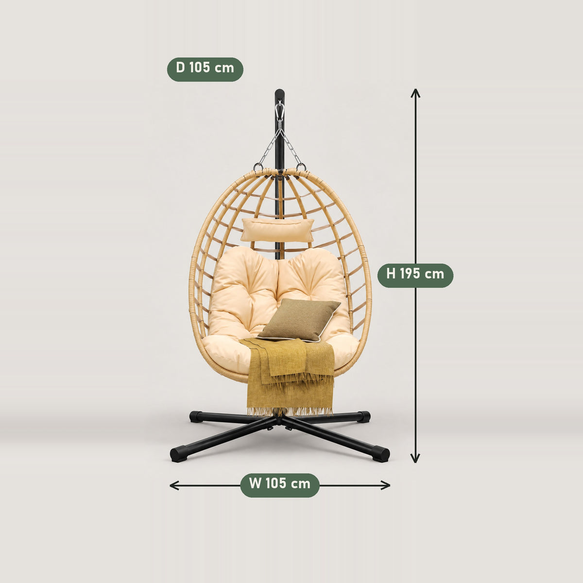 Hanging Egg Chair with Stand, Natural - dimensions