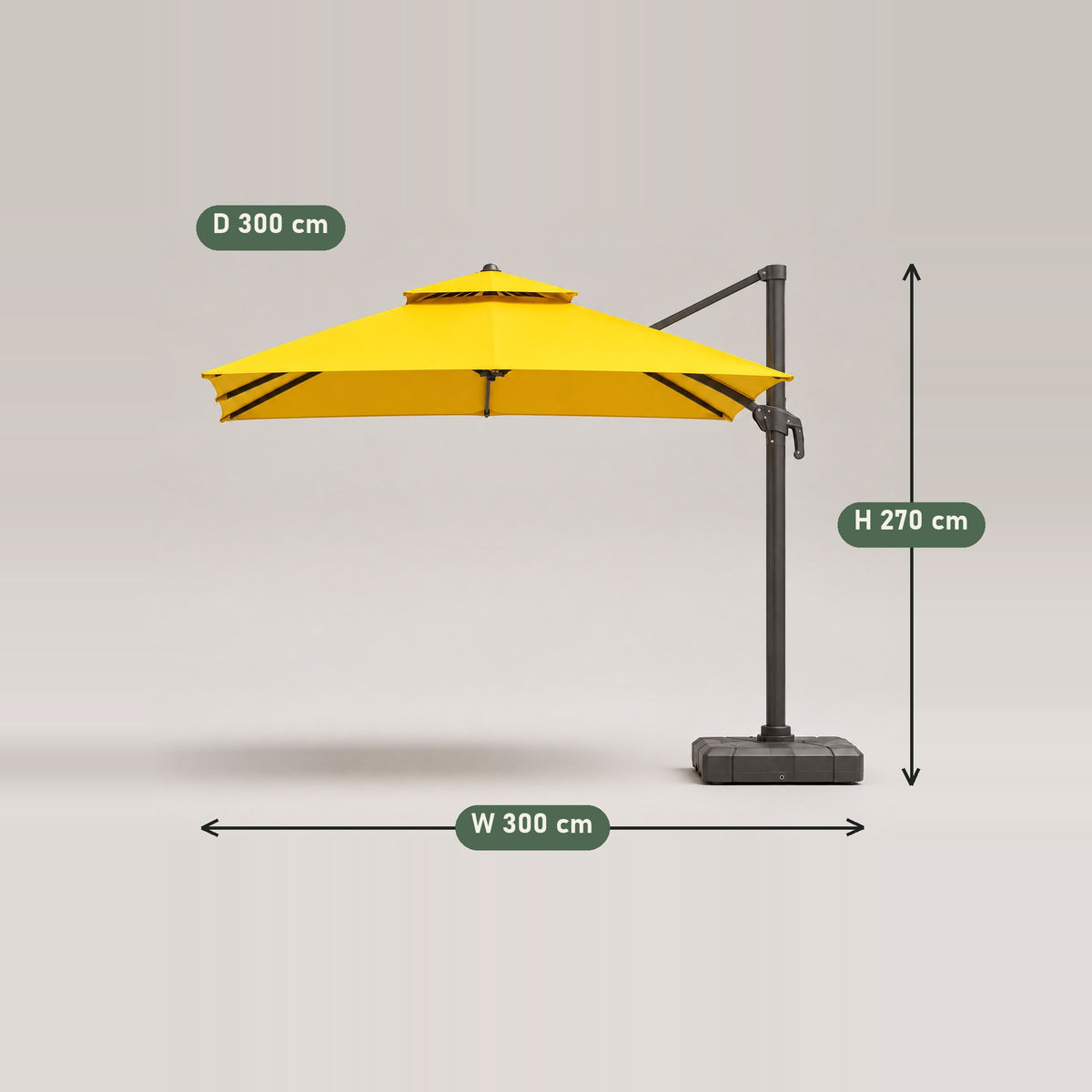 Double-Top Cantilever Umbrella, Crank Lift - dimensions