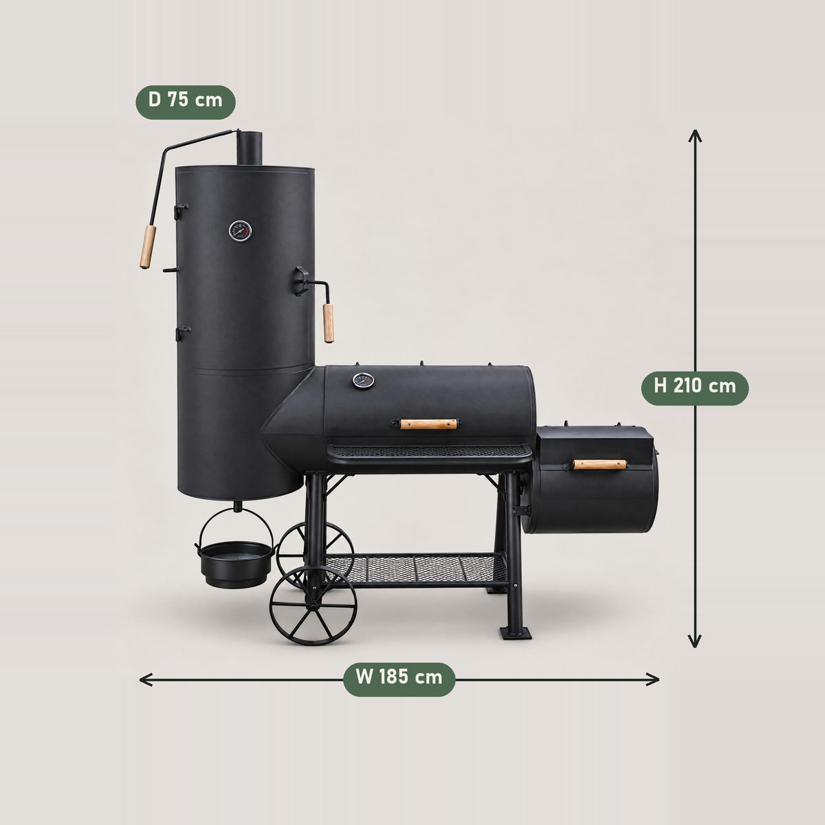 Large Offset Charcoal Smoker on Wheels - dimensions