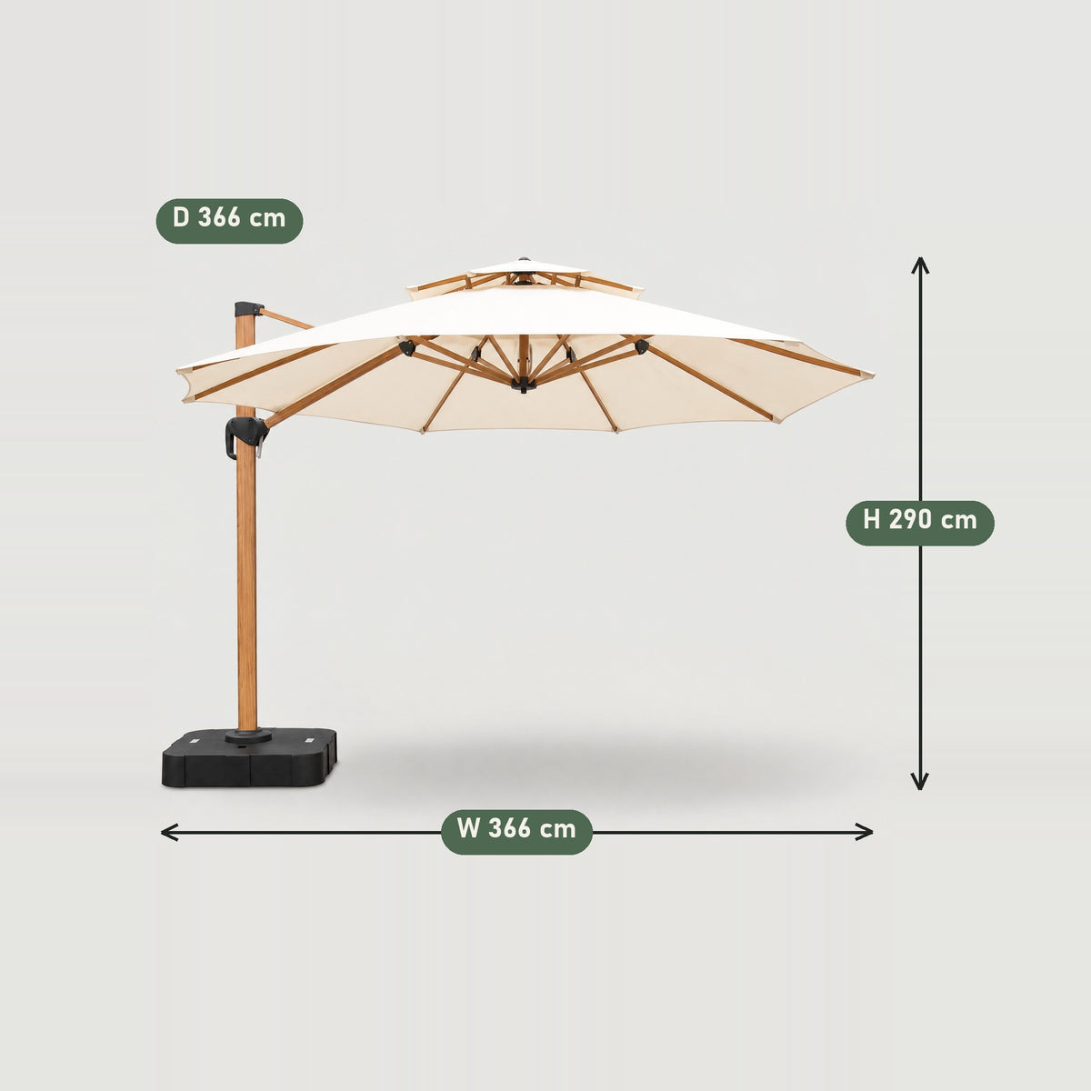 3.6m Cantilever Umbrella, Wood-Look Aluminium - dimensions