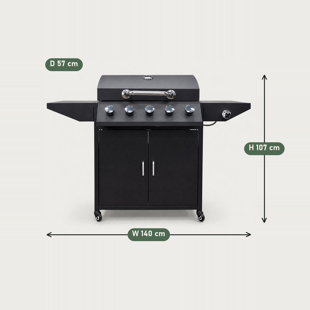 5-Burner Gas BBQ with Side Burner, Powder-Coated - dimensions
