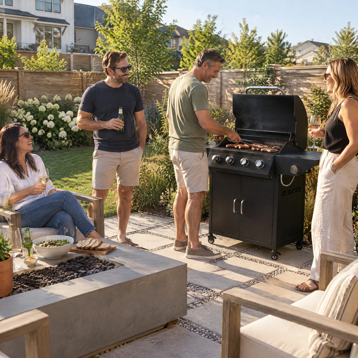 4-Burner Gas BBQ with Side Burner, Black - in use