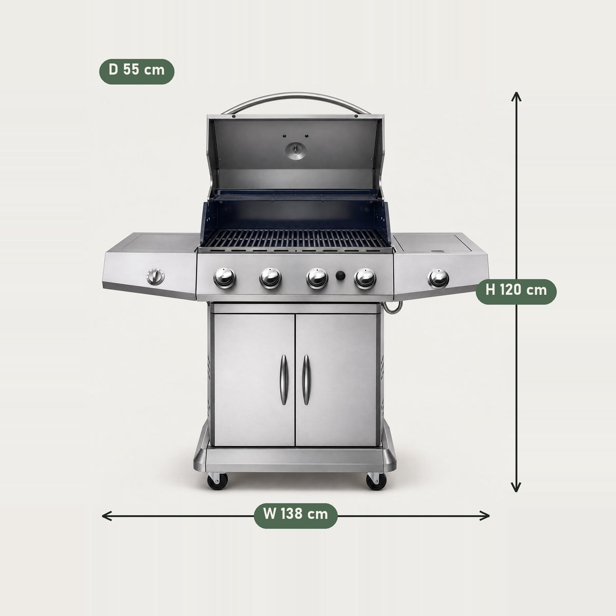 4-Burner Stainless Steel Gas BBQ, Hooded - dimensions