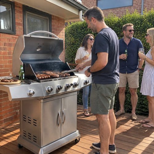 4-Burner Stainless Steel Gas BBQ, Hooded - in use