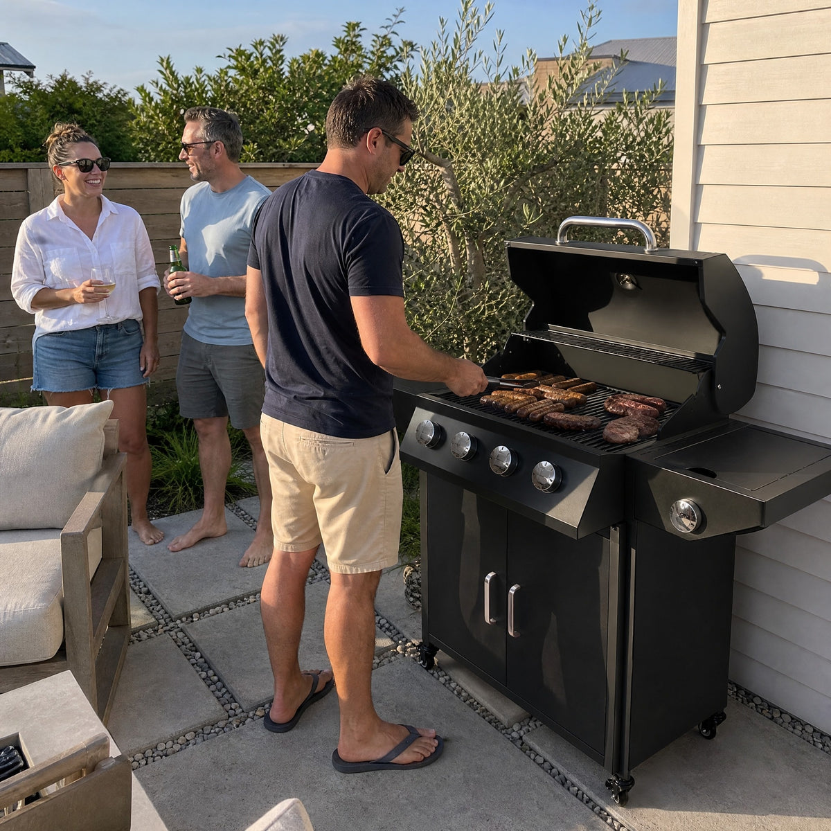 5-Burner Gas BBQ on Trolley, Black - in use