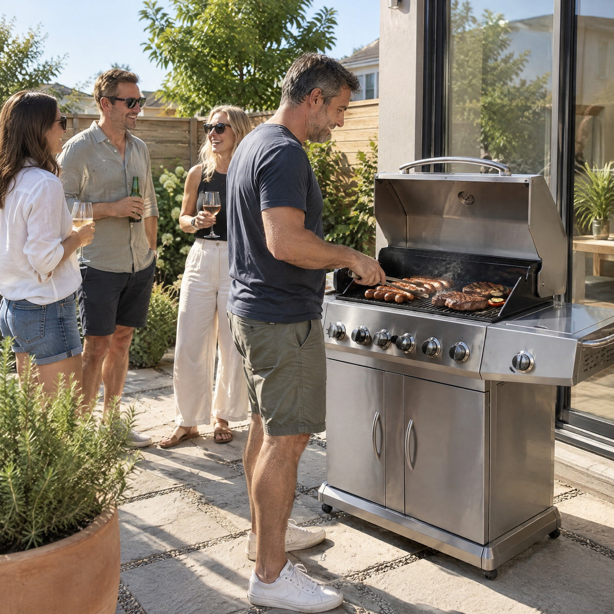 6-Burner Stainless Gas BBQ with Plancha - in use