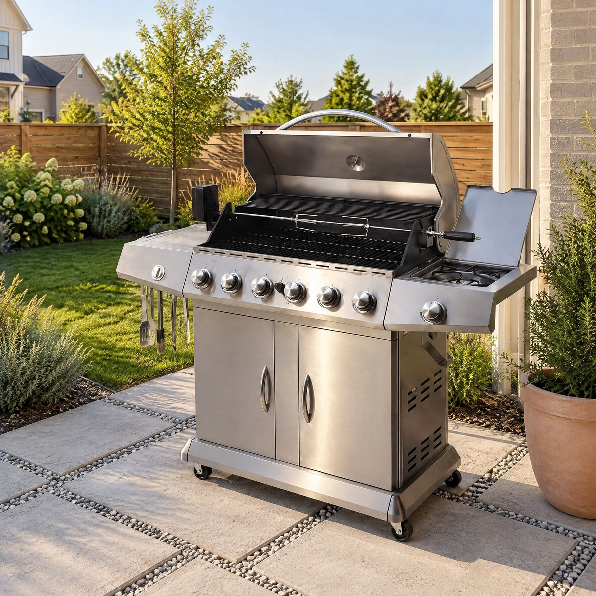6-Burner Stainless Steel Hooded BBQ with Side Burner - in an Australian backyard