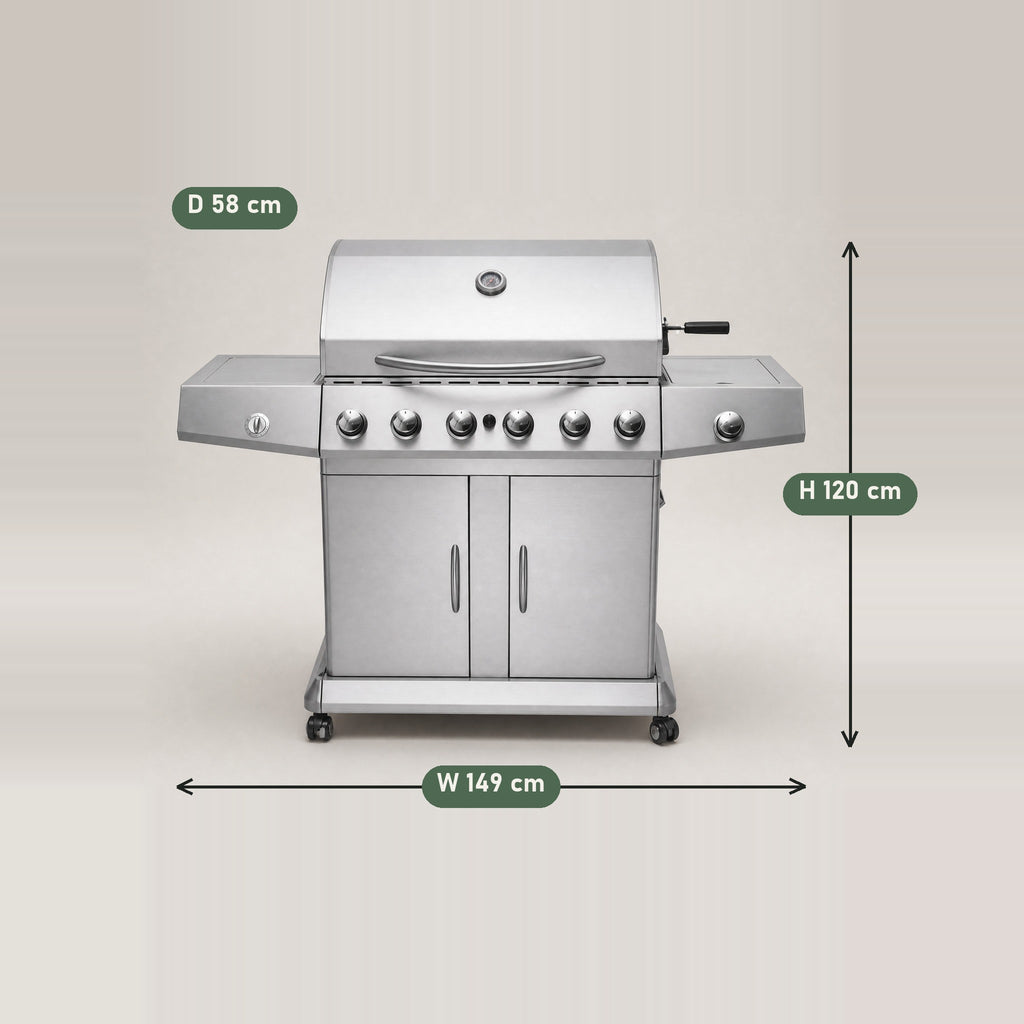 6-Burner Gas BBQ, Folding Shelves - dimensions