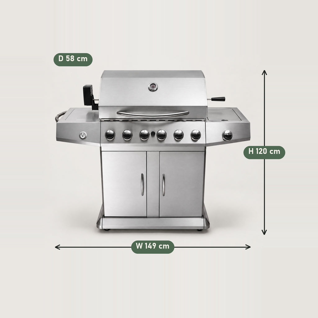 6-Burner Stainless Gas BBQ with Plancha - dimensions