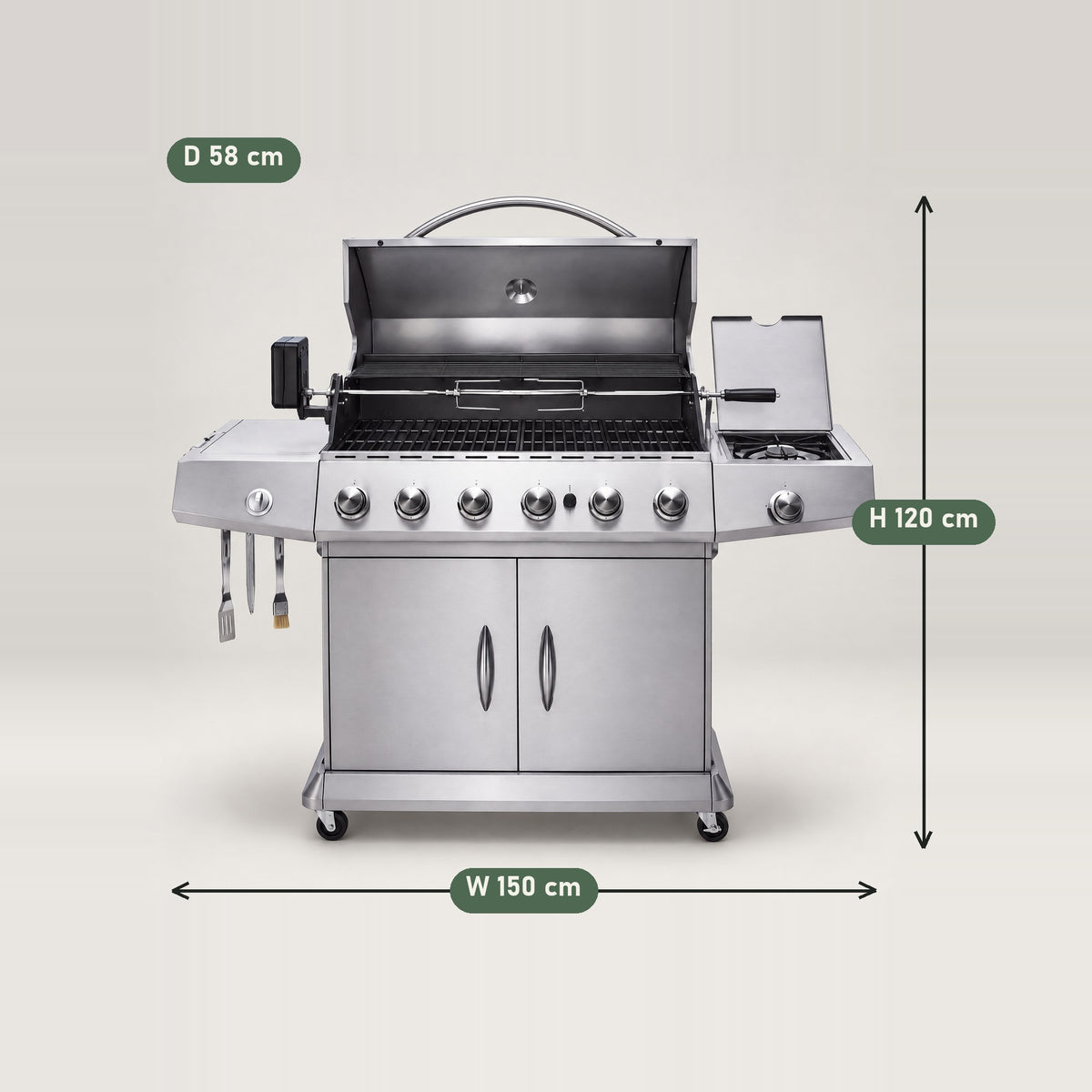 6-Burner Stainless Steel Hooded BBQ with Side Burner - dimensions
