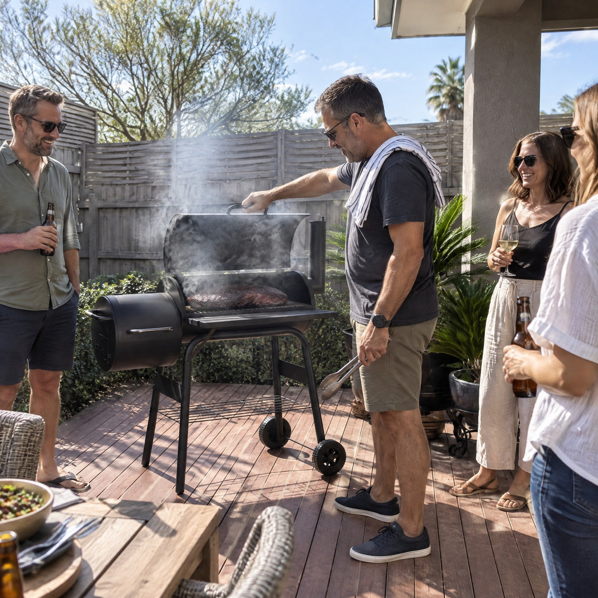 Charcoal BBQ Grill with Offset Smoker - in use