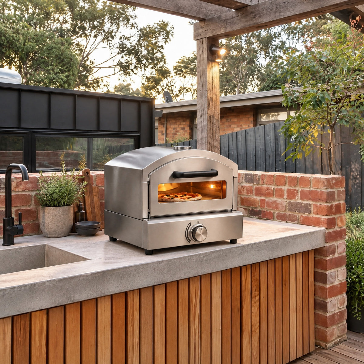 Countertop Gas Pizza Oven with Glass Door - in an Australian backyard