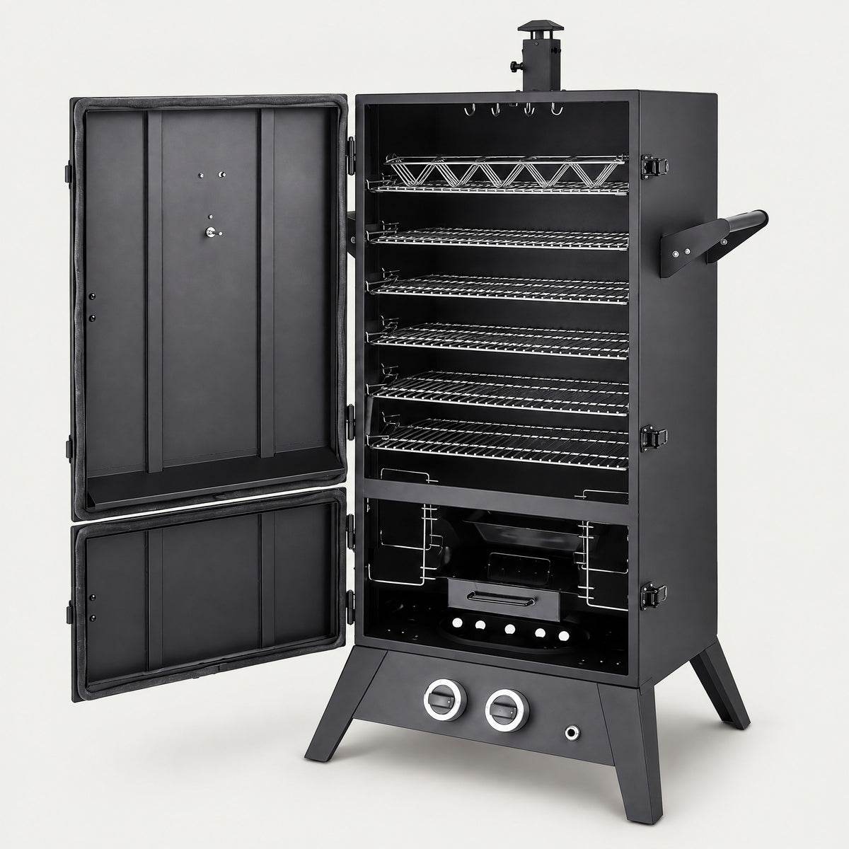Gas Smoker with Double Burner and Chimney - side view