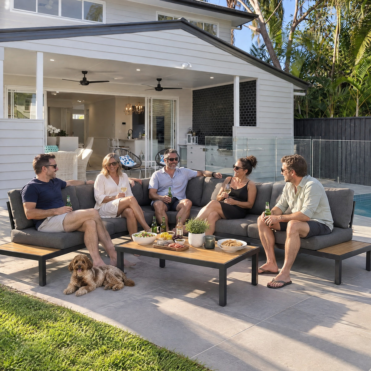 Modern Outdoor Corner Sofa with Coffee Table - in use