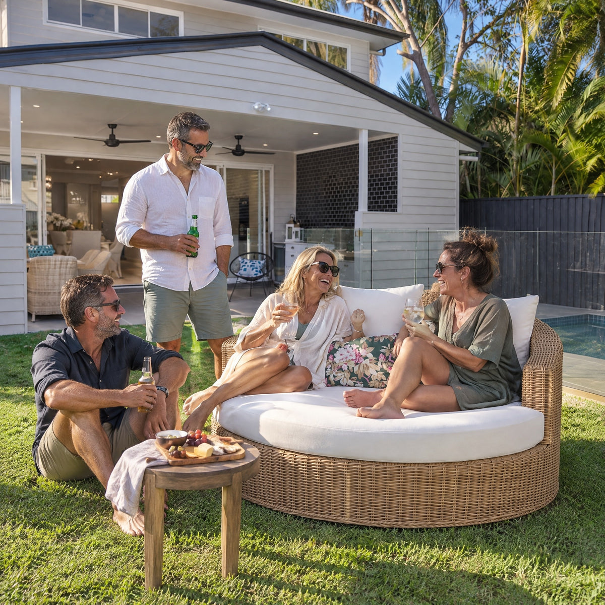 Round Swivel Wicker Daybed - in use