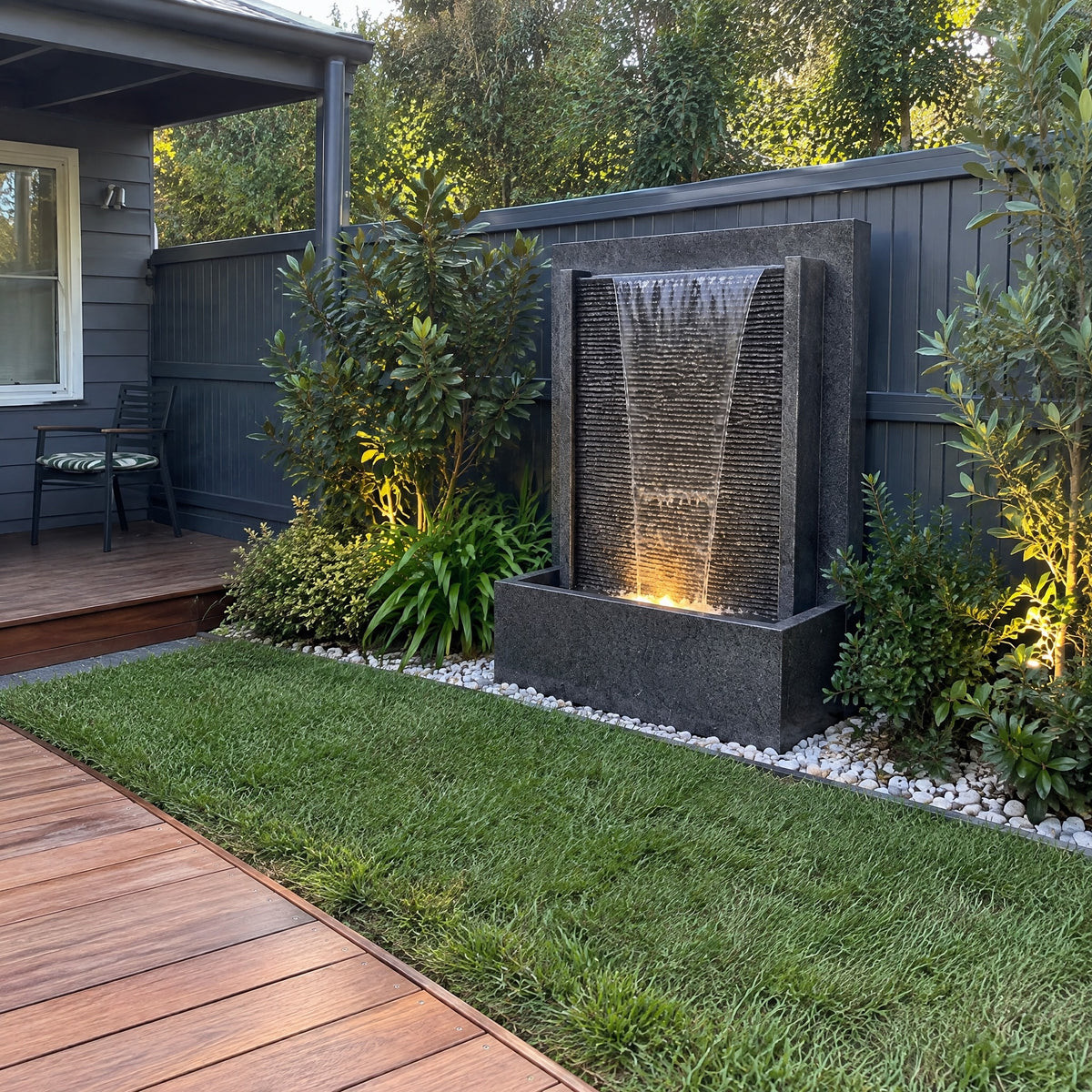 Stone Water Wall Fountain with LED - in an Australian backyard